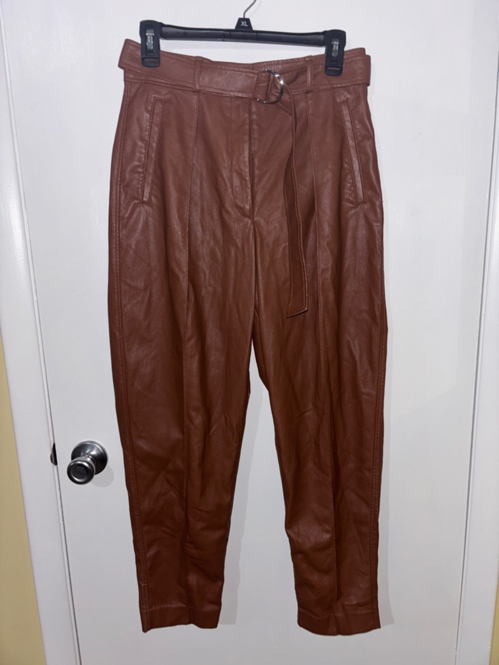 Babaton Brown Faux Leather Paperbag Waist Straight-Leg Pants